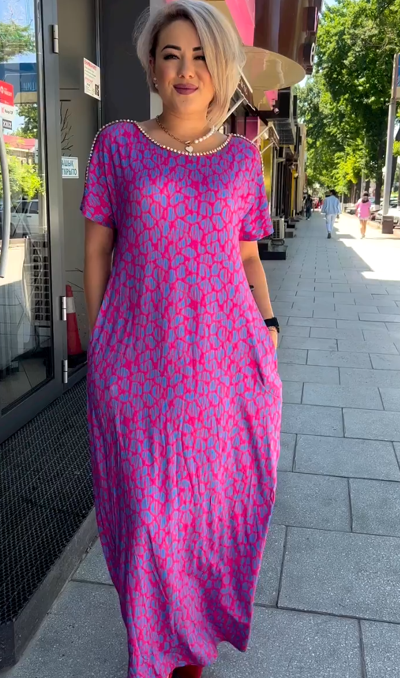 Raven | Tavaszi sikkes nyomtatott maxi ruha zsebekkel