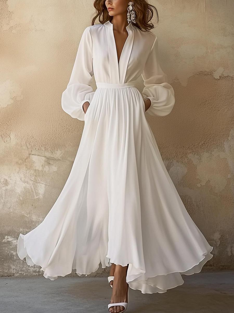 Laura | Vintage ihletésű fehér V-nyakú maxi ruha