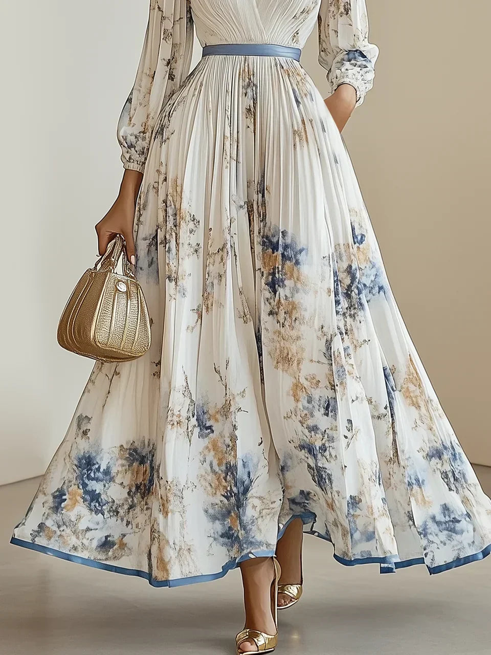 Halston | Elegáns V-nyakú puffos ujjú maxi ruha
