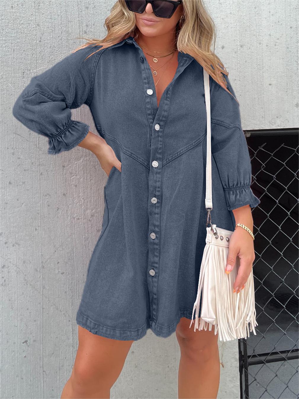 Galilea | Sikkes, lehajtott galléros denim midi ruha