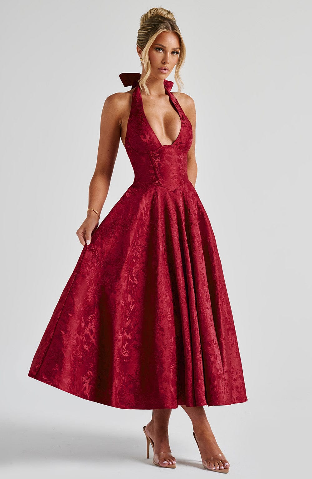 Renata | Jacquard csipkés derékú maxi ruha