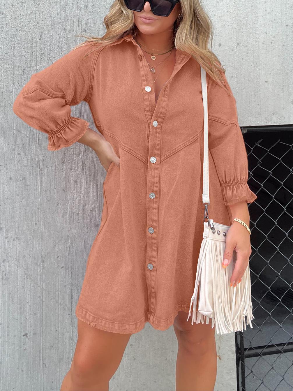 Galilea | Sikkes, lehajtott galléros denim midi ruha