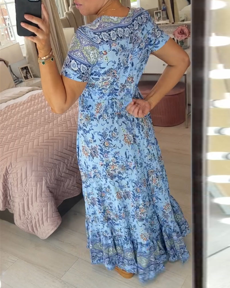 Ellie | Elegáns virágos V nyakú, redős szegélyű ruha