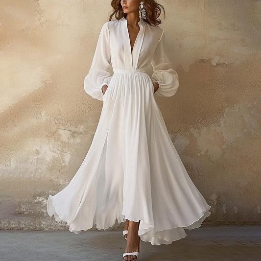 Laura | Vintage ihletésű fehér V-nyakú maxi ruha