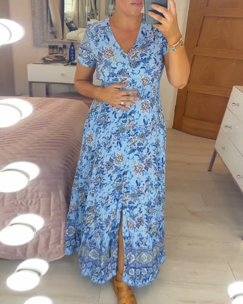 Ellie | Elegáns virágos V nyakú, redős szegélyű ruha