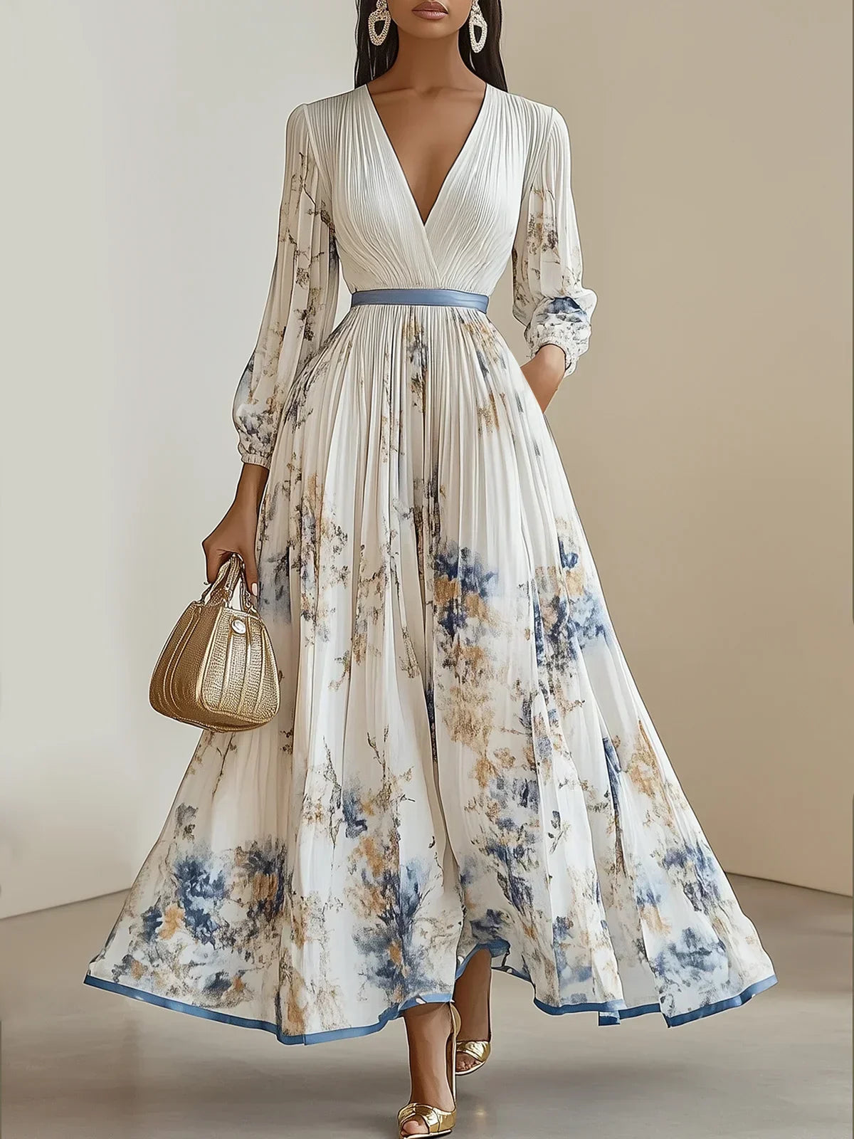 Halston | Elegáns V-nyakú puffos ujjú maxi ruha