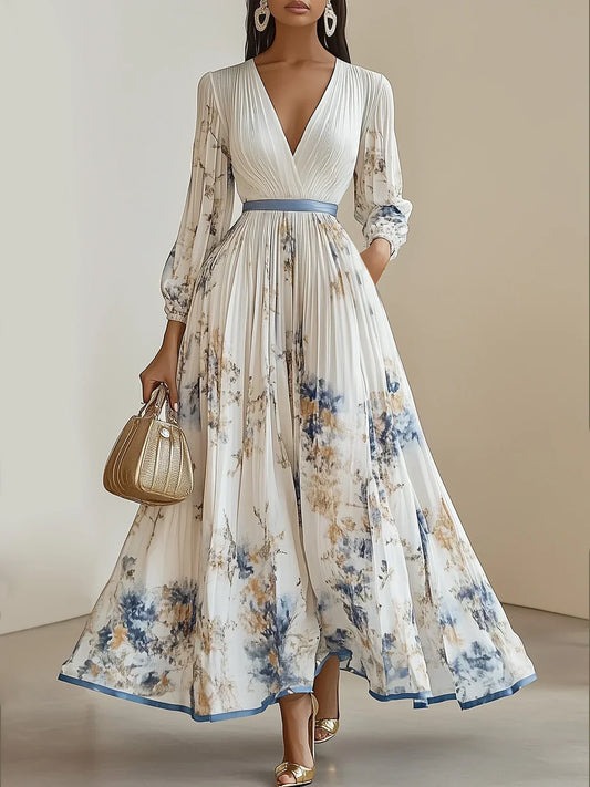 Halston | Elegáns V-nyakú puffos ujjú maxi ruha