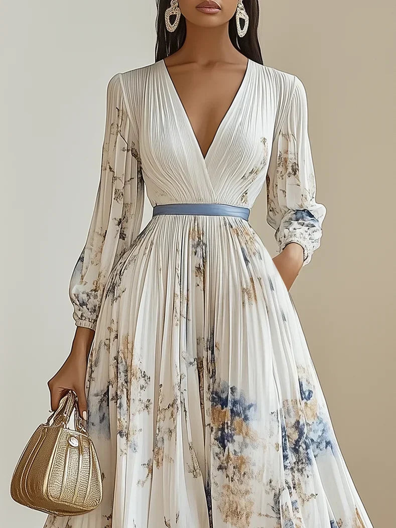 Halston | Elegáns V-nyakú puffos ujjú maxi ruha