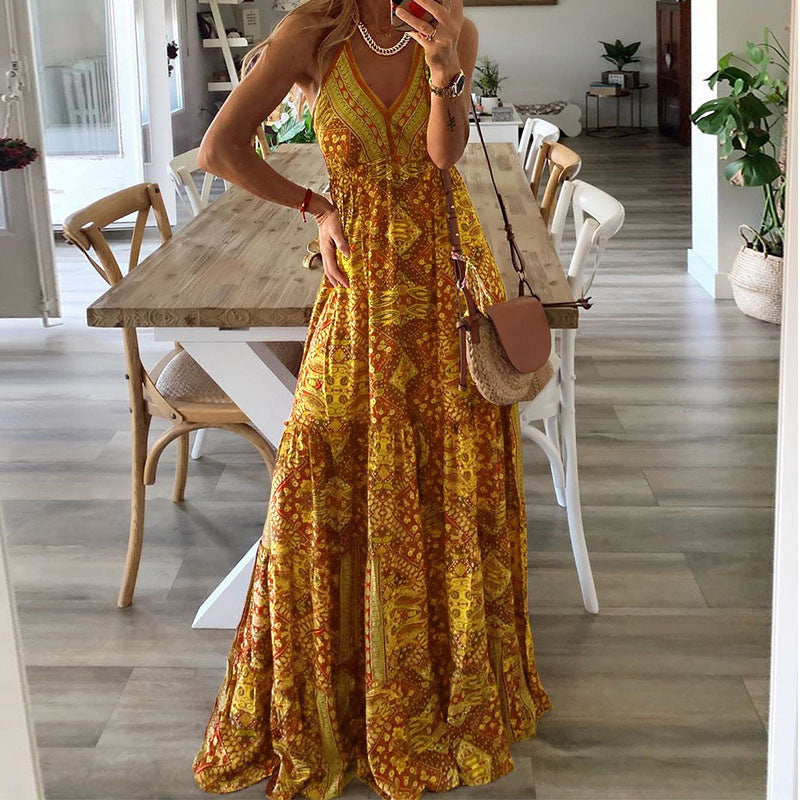 Wren | Boho spagetti pántos, V-nyakú maxi ruha