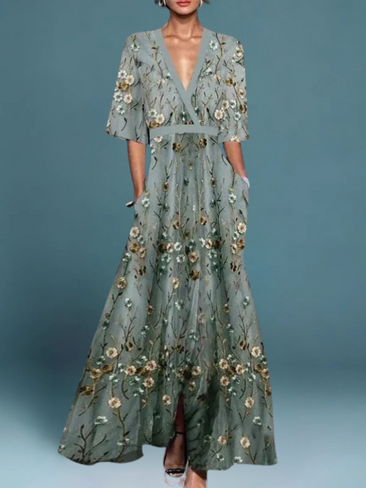 Lauren | Elegáns, virágmintás, V-nyakú, övvel ellátott boho ruha