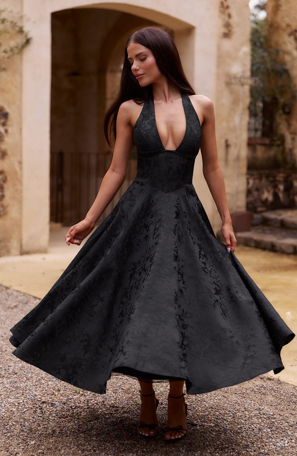 Renata | Jacquard csipkés derékú maxi ruha