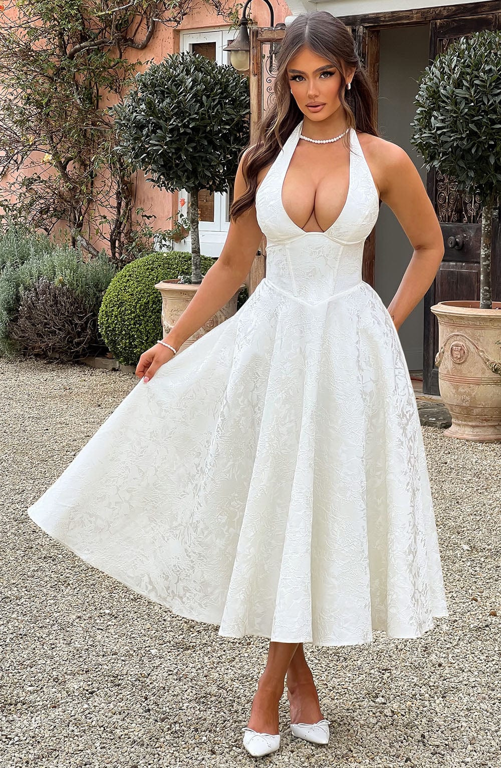Renata | Jacquard csipkés derékú maxi ruha