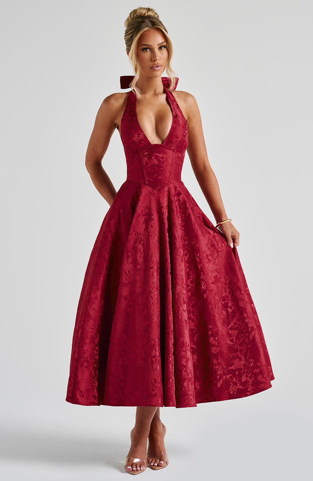 Renata | Jacquard csipkés derékú maxi ruha