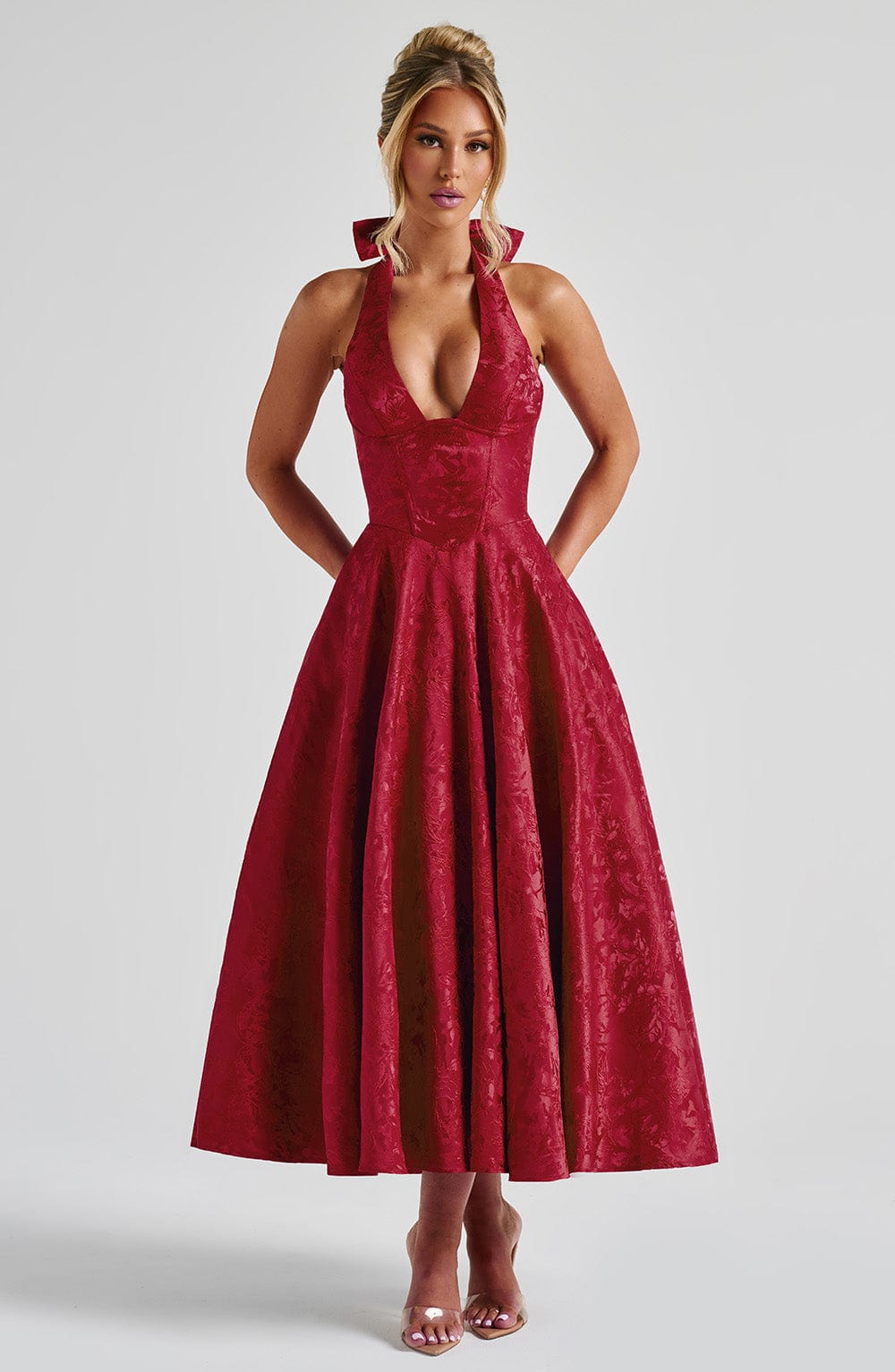 Renata | Jacquard csipkés derékú maxi ruha