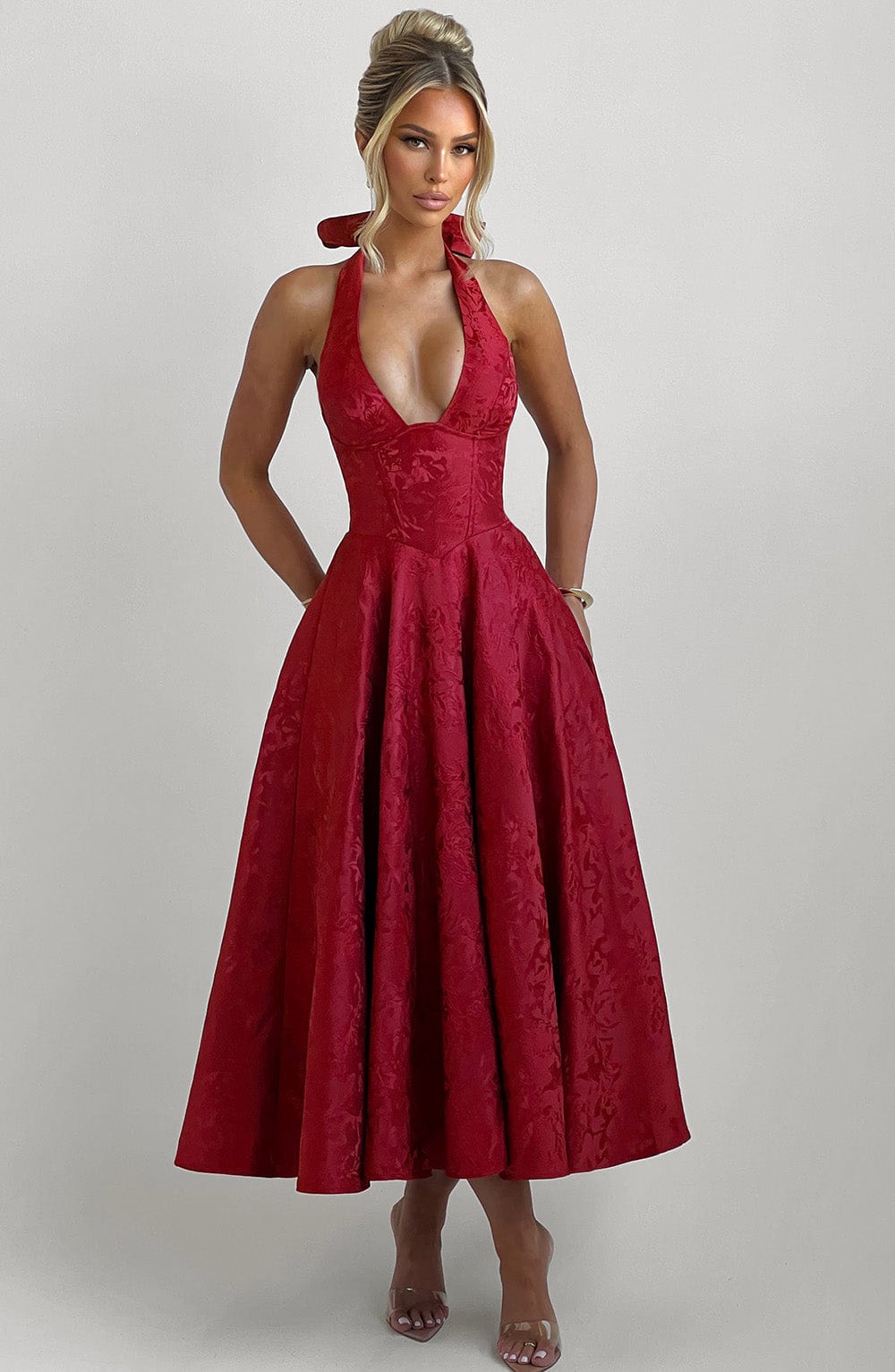 Renata | Jacquard csipkés derékú maxi ruha